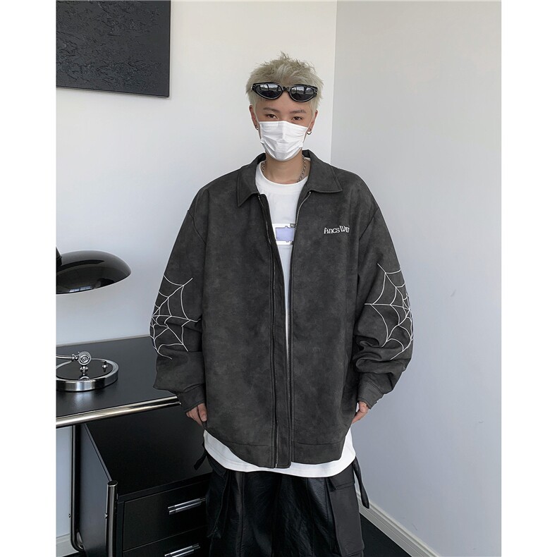 春秋美式高街刺绣pu皮夹克男女款拉链休闲宽松百搭街头棒球服外套,男装夹克,星座410-7