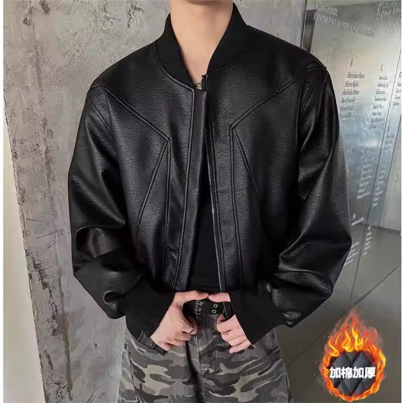 网图美式解构pu皮衣外套棒球服短款夹棉机车夹克 A025-TY1641-P78图片