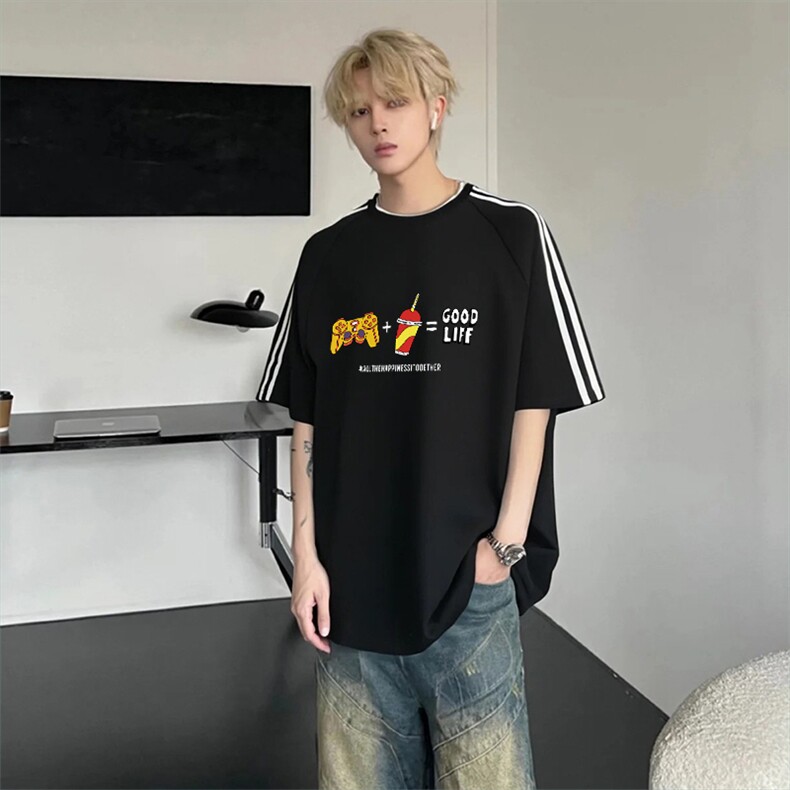 抖音得物高品质二开240克宽松纯棉美式潮牌三条杠织带短袖T恤,男装T恤,电商A486-1