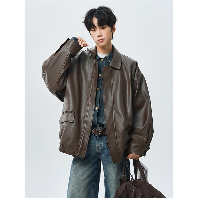 美式翻领皮夹克外套宽松cleanfit情侣加棉皮衣3673-特P88加棉P98,男装夹克,电商B295
