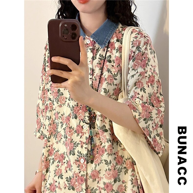 牛仔领满印碎花粉色短袖衬衫CA3026-P40图片