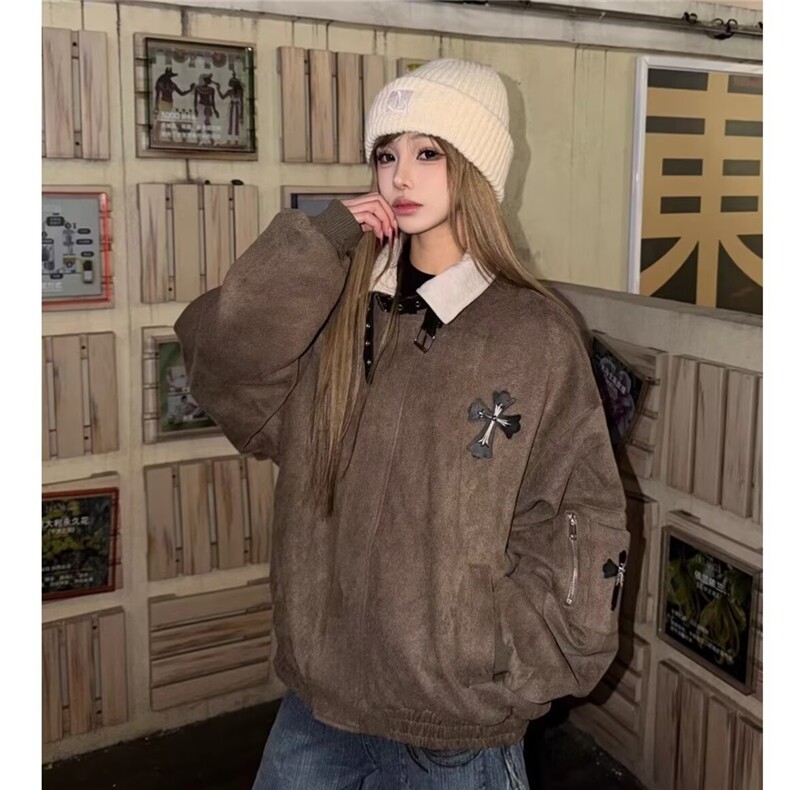 美式十字架贴皮刺绣翻领外套春季潮牌宽松撞色拼接夹克男 网图图片