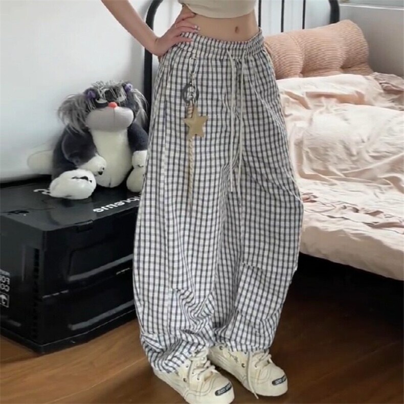 美式复古星星挂饰格子弯刀休闲裤女夏季宽松阔腿拖地裤LA2400-P48,男装休闲裤,星座1008