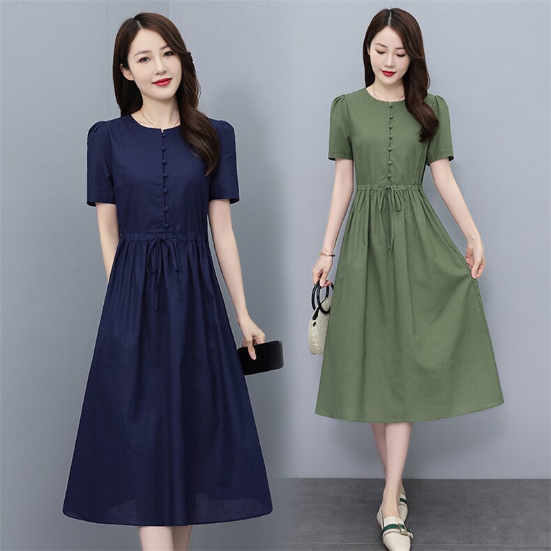 棉麻连衣裙女2024夏季新款气质收腰显瘦中长款亚麻裙子大码a字裙，女装连衣裙，鑫思依格