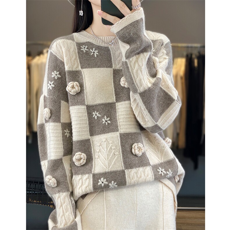 2024年秋季新款圆领套头长袖格子拼接羊毛针织衫，女装羊毛衫，若菲羊绒