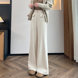 高腰羊毛呢阔腿裤女秋冬新款加厚直筒裤子小个子窄版西装裤图片