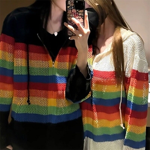美式撞色镂空连帽针织开衫男女夏季防晒罩衫多巴胺春秋情侣衬衫图片