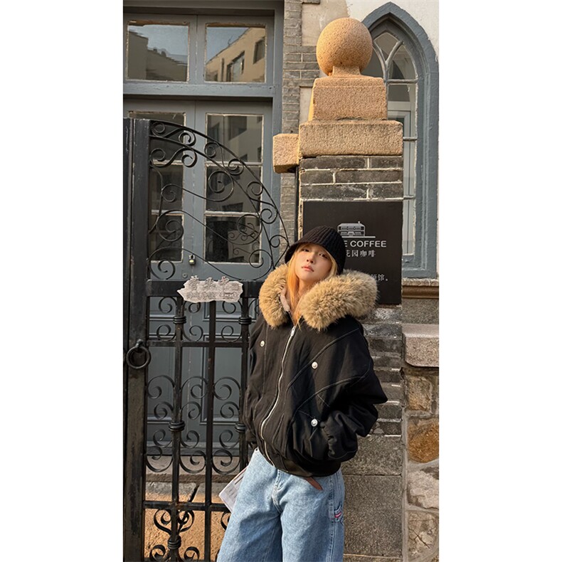 现货重磅boxy短款棉衣座山雕大毛毛领男女棉服水洗工装厚外套，男装棉衣，电商A486