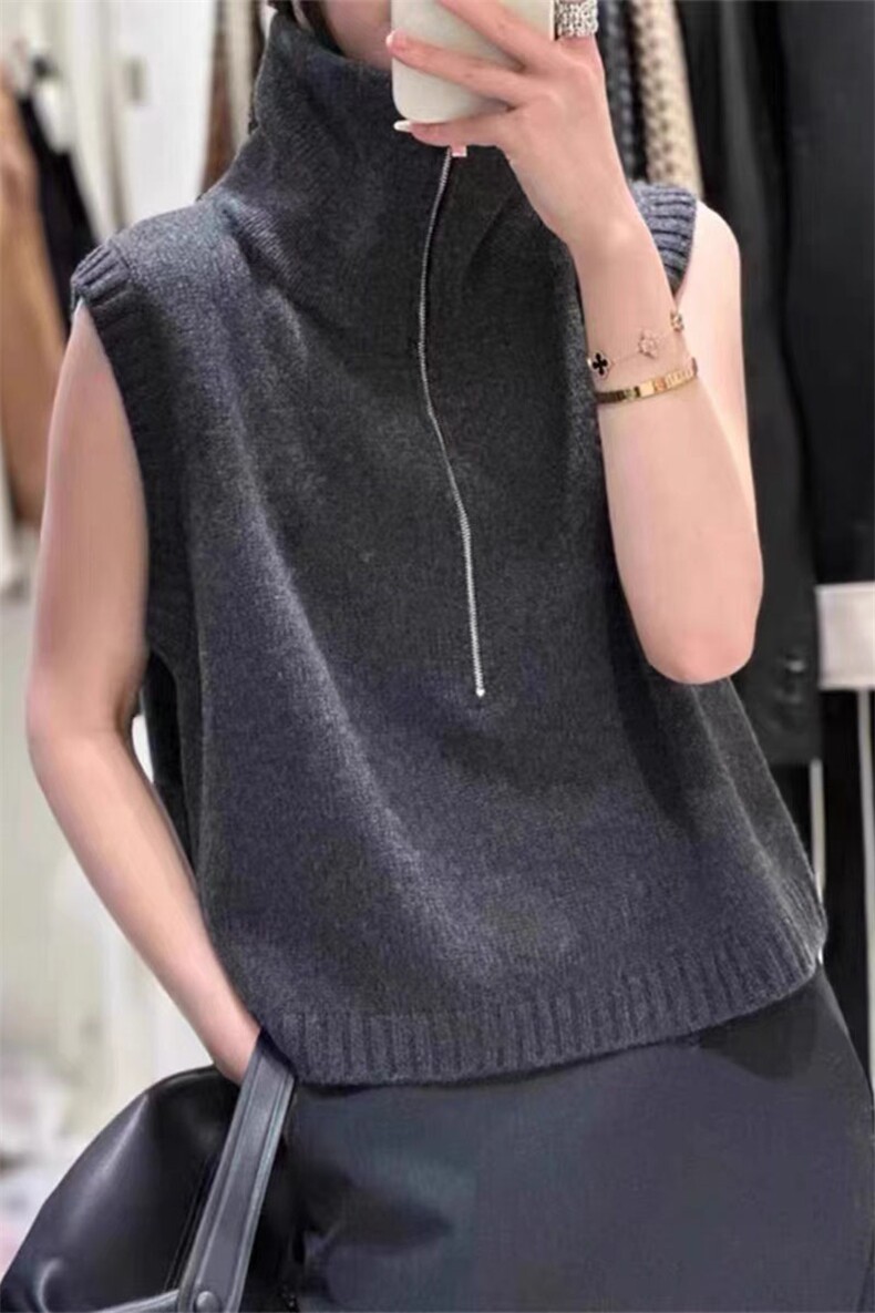 半拉链马甲女款2024新款秋季背心美式坎肩无袖针织上衣外穿马夹女,女装马甲,萱芳婷羊绒