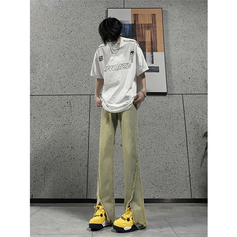 现货24春夏黄泥开叉毛边宽松牛仔裤设计感微喇休闲裤男K5803-P55,男装牛仔裤,星座205