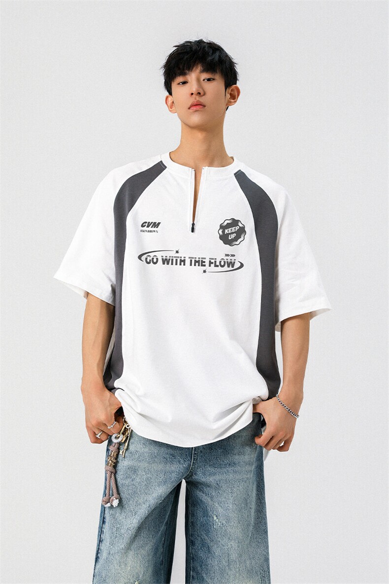 领口拉链拼接设计大码M-5XL印花短袖T恤男：棉DX78024P50控78,男装T恤,星座226-1