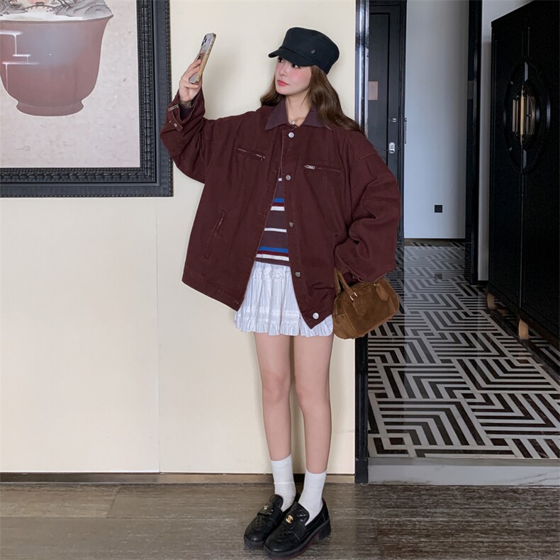 酒红色工装外套女春秋2025新款巨好看独特别致宽松美工复古上衣,女装短外套,2C275