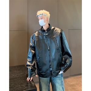短款皮衣外套男款春秋季美式街头宽松做旧小众设计感机车夹克图片