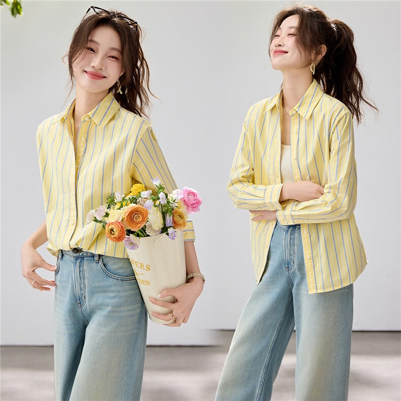 2026春夏新款黄蓝条纹衬衫女宽松显瘦元气少女感衬衣韩系清爽竖条图片