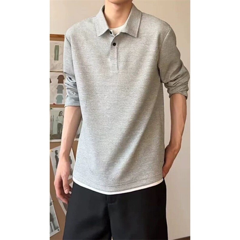 华夫格长袖t恤男士春秋季灰色亨利领松弛感青少年翻领POLO衫卫衣,男装卫衣,星座809A(原222-1)