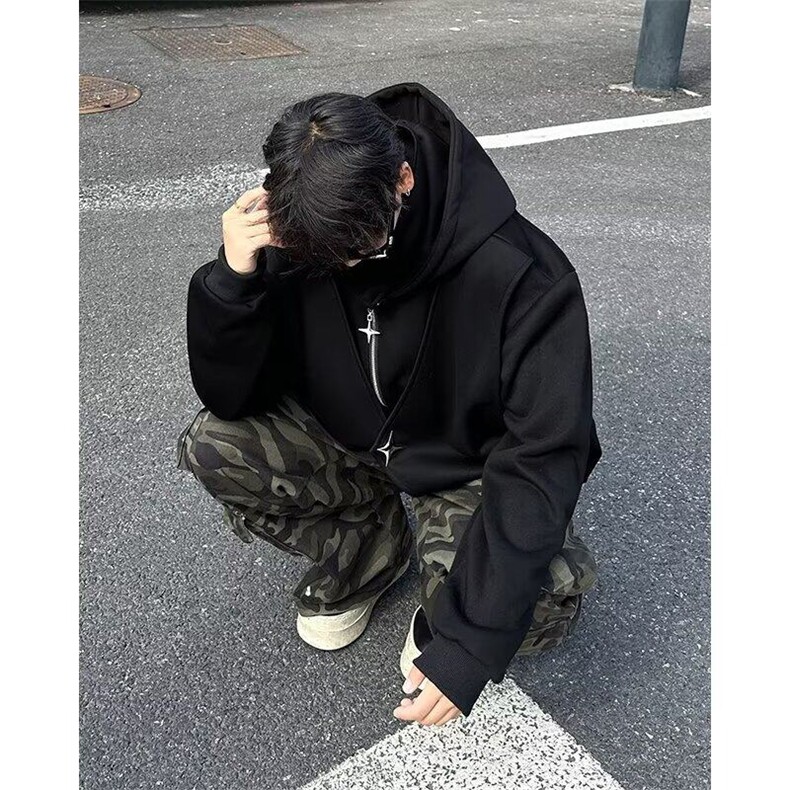 美式i人社恐开衫卫衣男款春秋季高领假两件重磅高街vibe连帽外套,男装卫衣,星座601-1