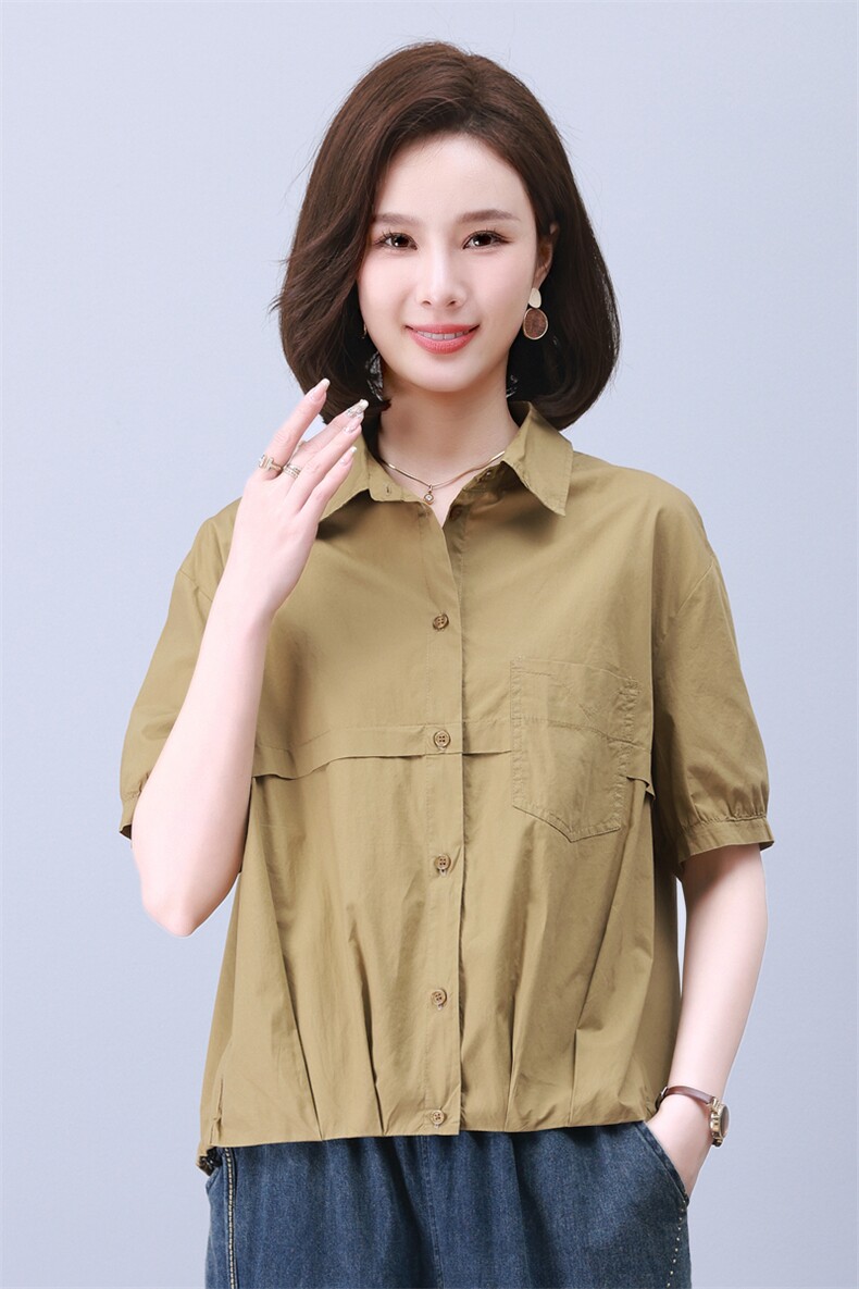 时尚宽松休闲抽绳上衣女短袖衬衫百搭显瘦气质衬衣,女装衬衫,叶笙衣