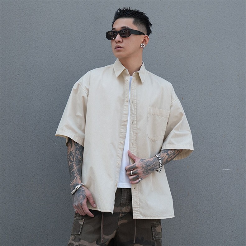 美式工装衬衫短袖夏季宽松纯棉脏染衬衣男A436-0628-P4569,男装衬衫,电商A436