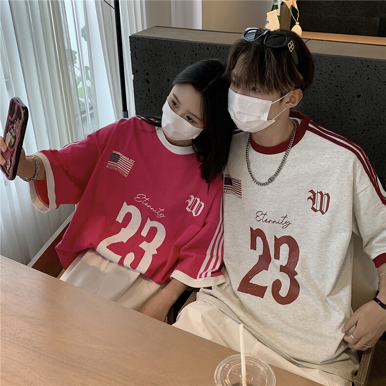 情侣短袖三条杠织带情侣短袖T恤男女宽松重磅体恤上衣G1081P35,男装T恤,电商A339