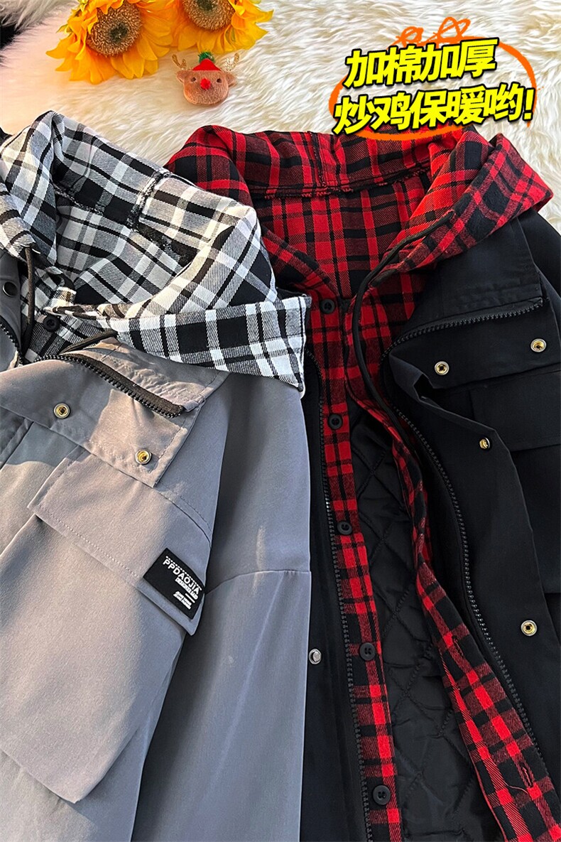 冬新款假两件港风大码男加棉加厚连帽夹克棉服外套J6818J加棉-P95,男装夹克,电商A001-1