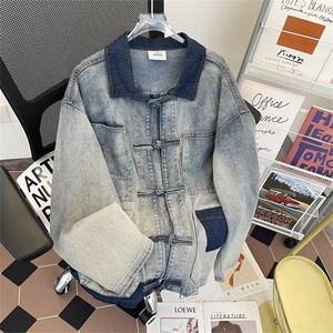 风秋男牛仔夹克衫渐变色新中式盘扣外套JT05 P82图片