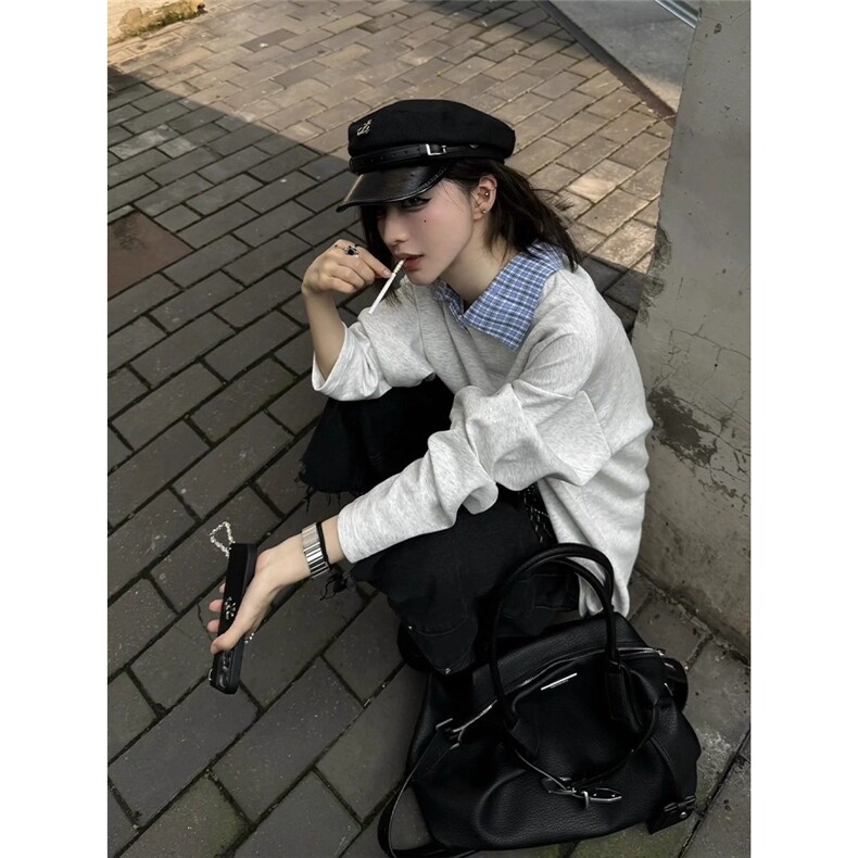 格子拼接假两件polo衫卫衣男女秋季美式正肩白色长袖t恤QTK44,男装T恤,星座208-5