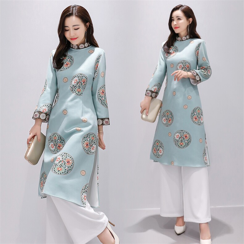 2024春秋装新款时尚复古文艺印花古风改良旗袍裙，女装蕾丝衫/雪纺衫，天丽