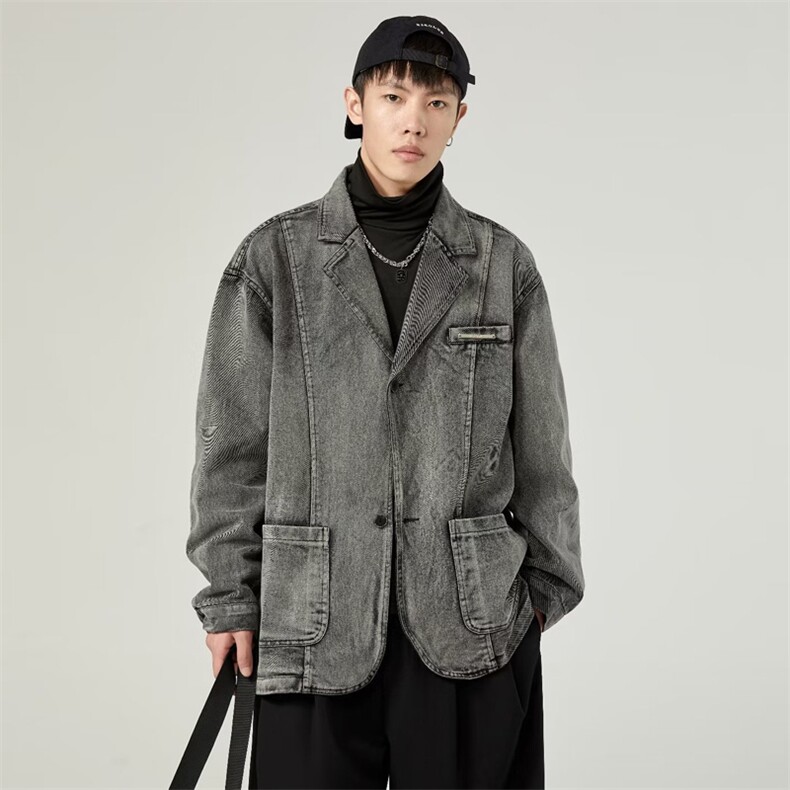 复古水洗牛仔外套男秋季新款小众做旧西装领夹克上衣炸街1337-P70,男装工装外套,星座910-5