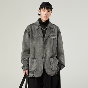 复古水洗牛仔外套男秋季新款小众做旧西装领夹克上衣炸街1337-P70图片
