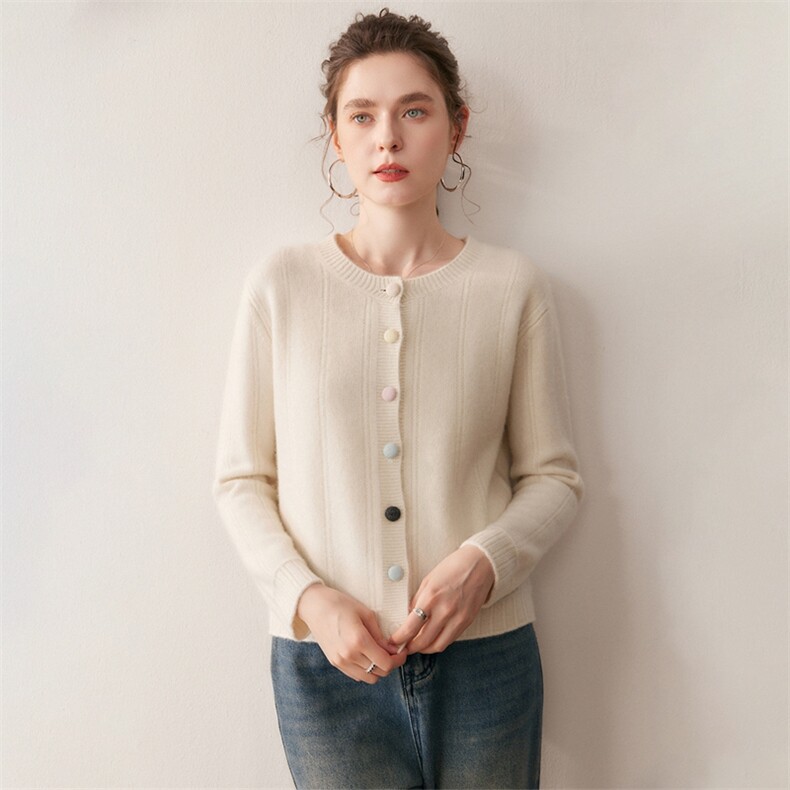 慵懒风彩扣山羊绒衫女针织外套纯色长袖毛衣秋冬新款通勤百搭上衣，女装针织衫/毛衣，朵沐纯羊绒
