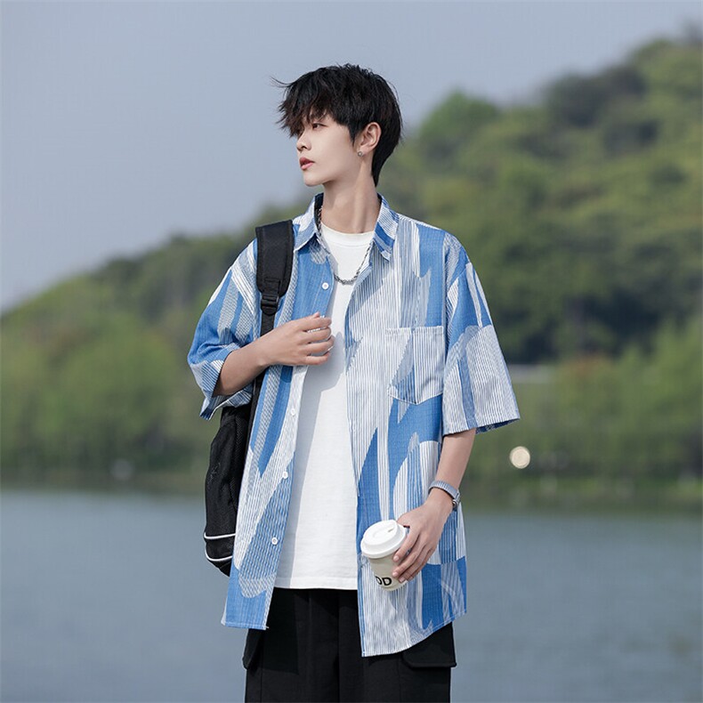 胖胖哥美式复古撞色条纹短袖衬衫男夏季大码宽松衬衣外套休闲上衣，男装衬衫，星座109-1