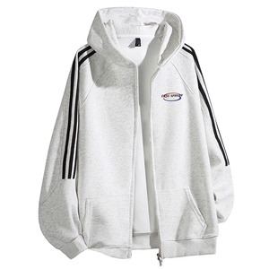 抖音得物 印花秋装美式全棉三条杠织带连帽卫衣开衫外套A1907图片