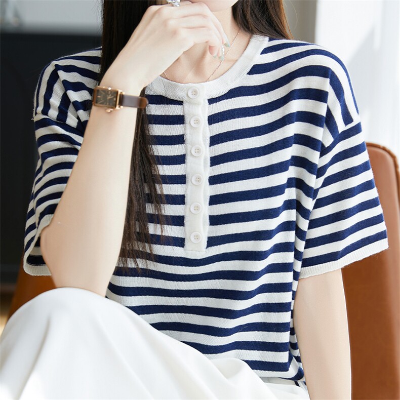 桑蚕丝羊毛条纹针织短袖T恤女夏季圆领拼色纽扣上衣宽松半袖打底,针织衫/毛衣,唐诺