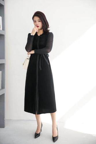 【现货】 秋季新款 时尚修身显瘦系腰带中长款丝绒连衣裙,女装连衣裙,名怡