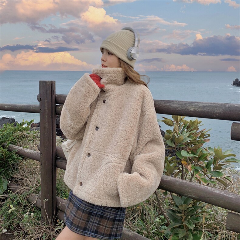 182-8527-P190K288--咖啡色双面穿羊羔毛机车服加绒加厚外套，女装羊羔毛/颗粒绒，帛香坊