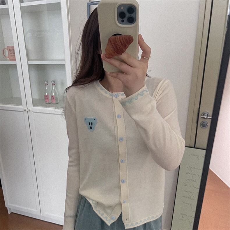羊范设计感十足~春季新款精纺羊毛针织开衫女士圆领小熊提花外套,针织衫/毛衣,佰米娇羊绒
