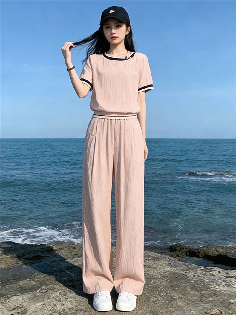 时尚潮流休闲套装女夏季新款高级感显瘦收腰拼接短袖阔腿裤两件套,女装套装/套裙,江南