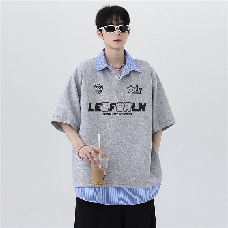 夏季新款假两件男款衬衫领美式复古polo衫时尚短袖T恤T146-p48,男装T恤,电商C307