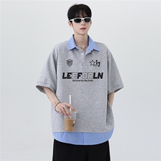 夏季新款假两件男款衬衫领美式复古polo衫时尚短袖T恤T146-p48，男装T恤，电商C307
