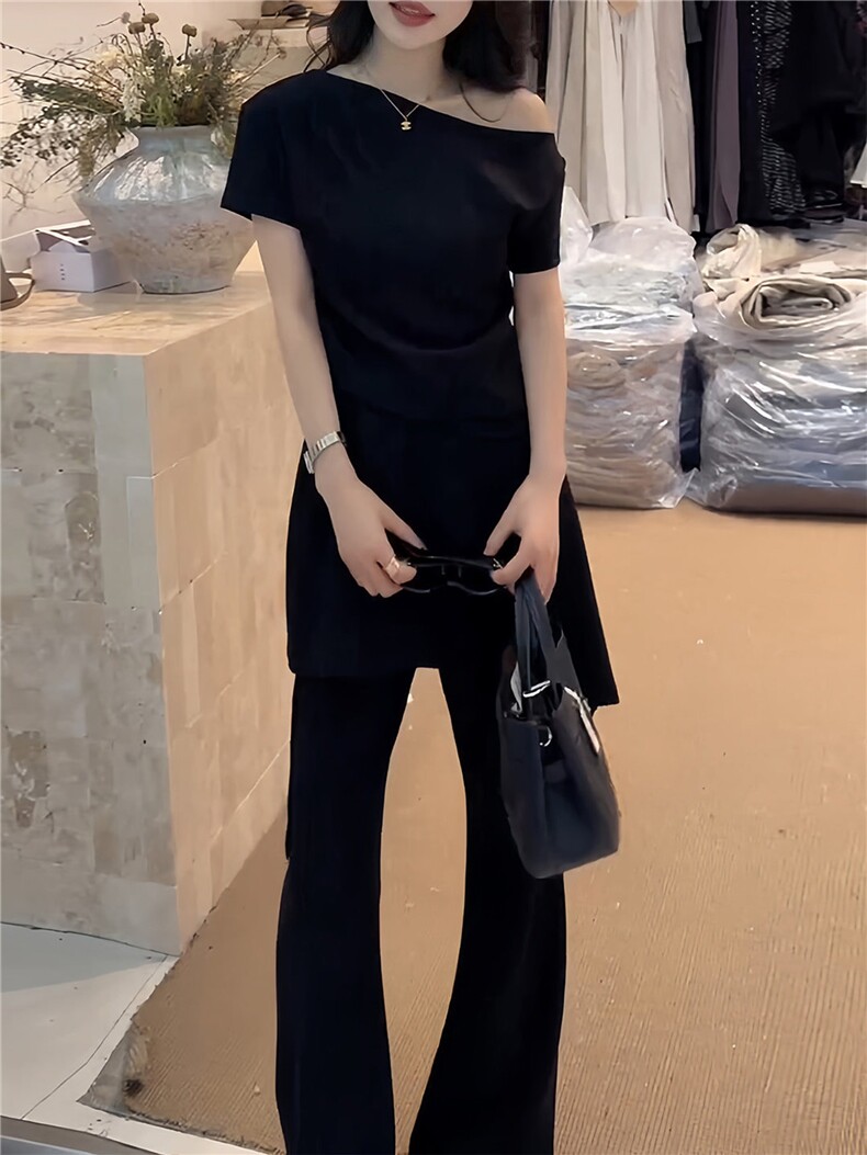 女夏季新款时尚洋气套装纯色斜肩收腰短袖上衣蕾丝屁帘长裤两件套,女装套装/套裙,江南