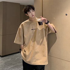wassuphappy重磅麂皮绒短袖t恤男款夏季美式牛油果绿小领口半袖，男装T恤，电商A233-1