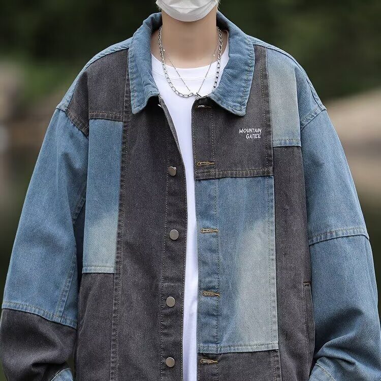 日系复古不规则拼接牛仔夹克男女设计感休闲宽松做旧水洗翻领外套,男装夹克,星座1210-1