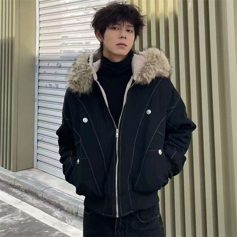 现货重磅boxy短款棉衣座山雕大毛毛领男女棉服水洗工装厚外套,男装棉衣,电商A486