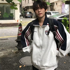 美式条纹休闲夹克男春潮牌字母印花外套vibe高街百搭情侣开衫上衣，男装夹克，星座506A