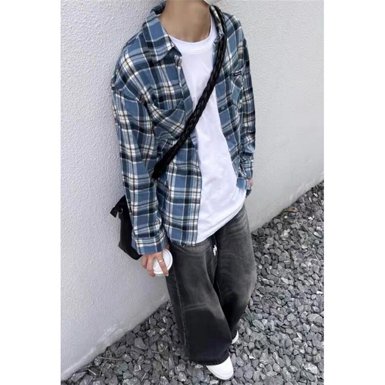 蓝色长袖格子衬衫男女生宽松百搭复古休闲慵懒感衬衣外套CS301,男装衬衫,星座1116A（原606A-3）