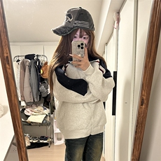 抖音得物高品质26春装美式高街重磅织带拼接撞色立领卫衣外套CM41，女装短外套，电商A486-1