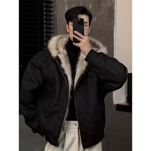 重磅皮衣棉服男冬季连帽廓形美式水洗做旧潮牌毛领座山雕保暖外套图片