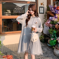 26春新款现-韩系灰色宽松网纱拼接卫衣连衣裙2607B灰-P155K248，女装连衣裙，2B190