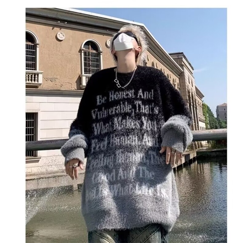 美式圆领渐变大码胖子仿貂绒毛衣男士秋冬季宽松慵懒风高级针织衫，男装针织衫/毛衣，星座506A