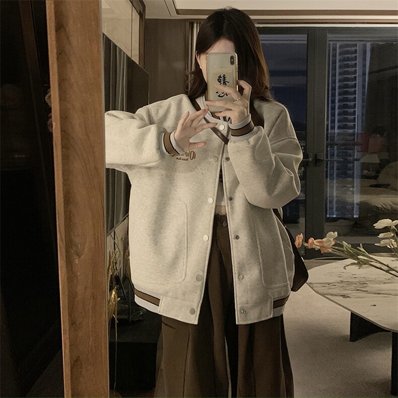 C866-P100美式复古灰色棒球服外套女春秋宽松字母刺绣夹克上衣,男装夹克,星座911-2(原星座613-2）